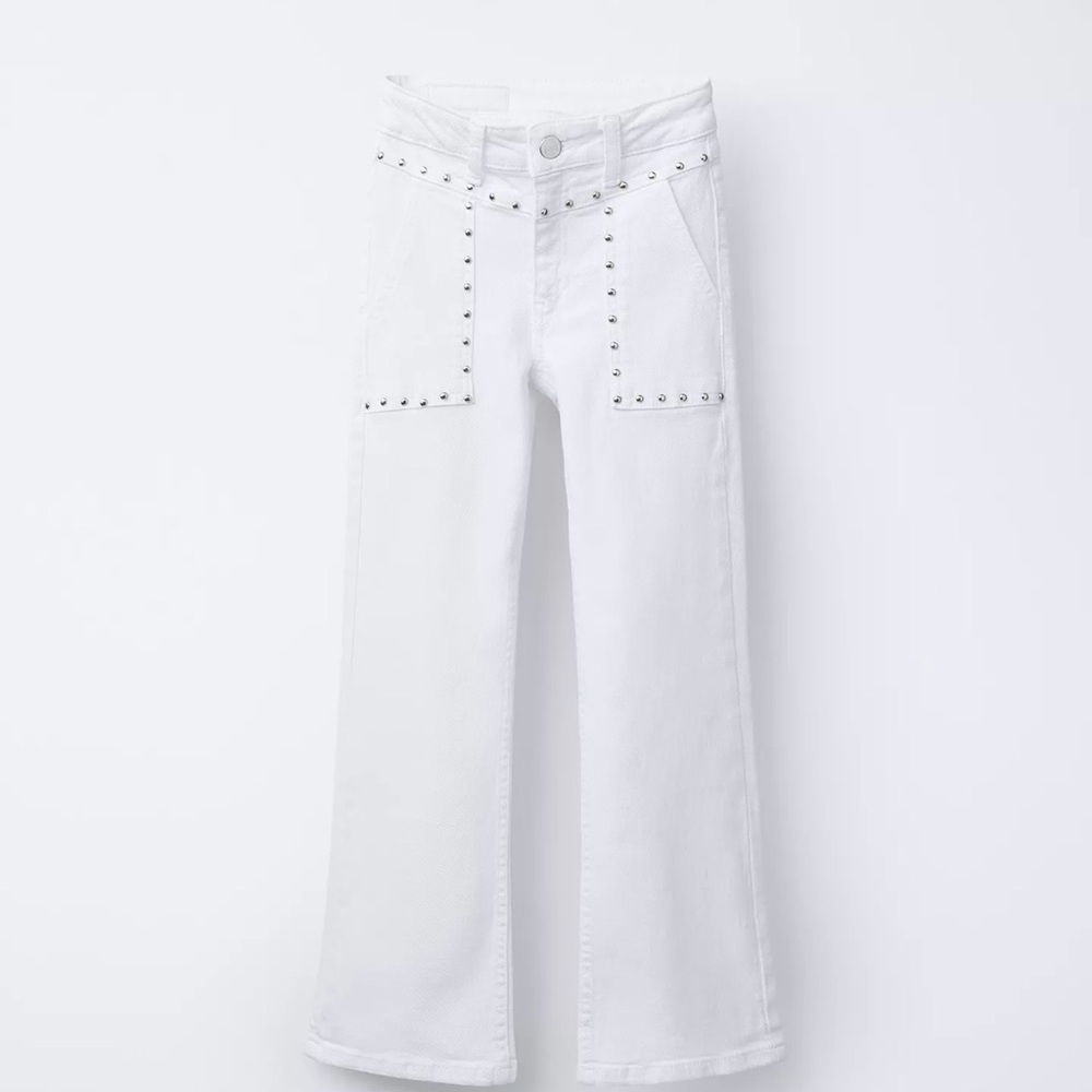 Zara White Wide-Leg Jeans with Stud Trim